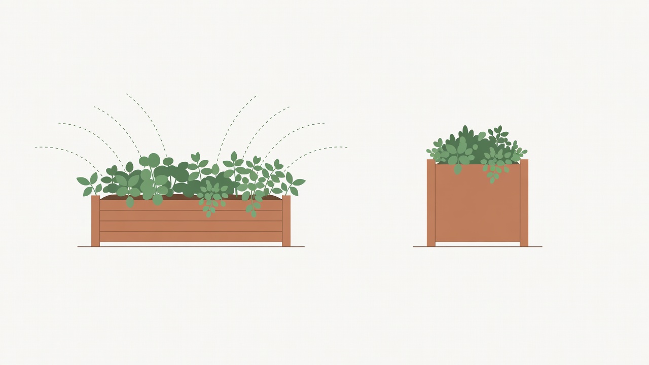 Flat vector comparing the reachable edges of a raised bed with the footprint of a freestanding balcony planter