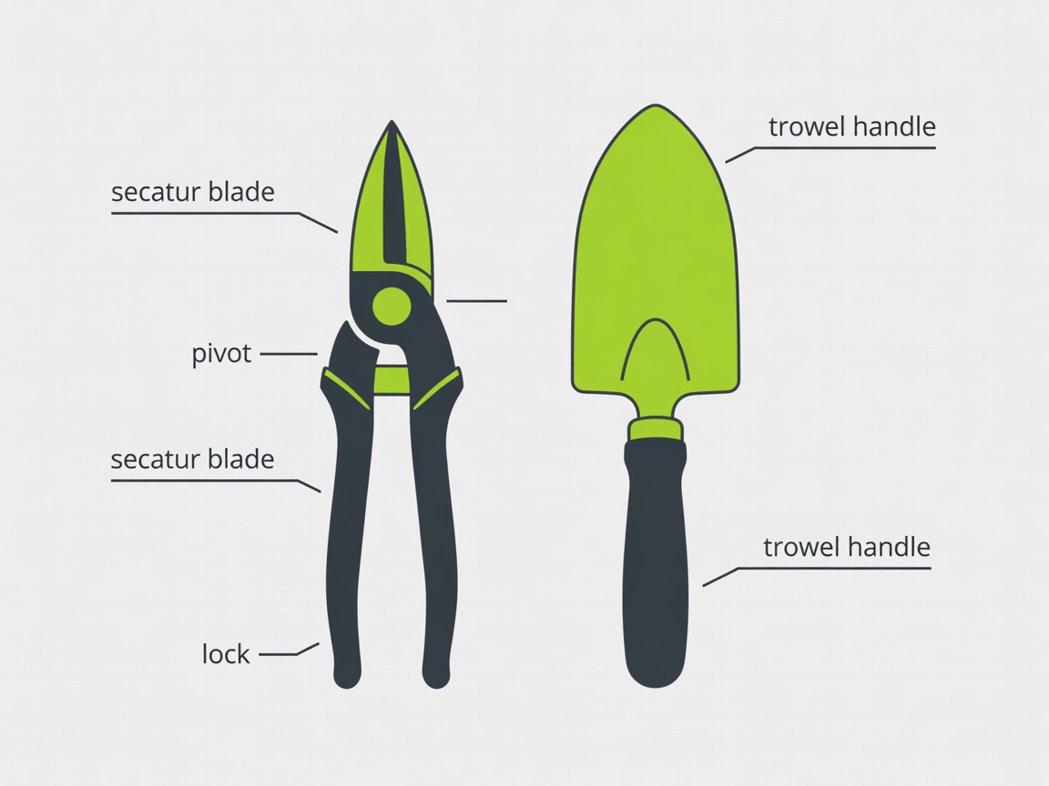 Flat illustration of secateur cutting blades, pivot and lock alongside a planting trowel