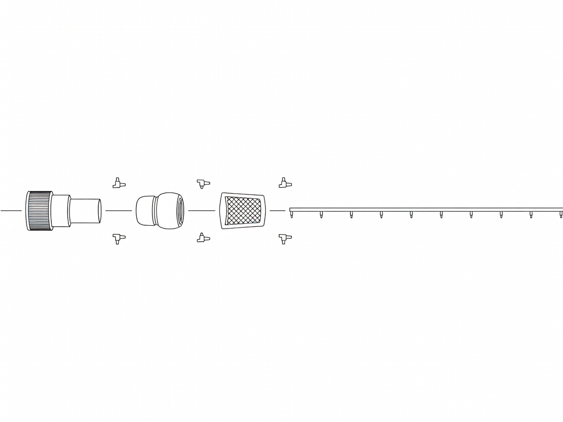 Vector anatomy of a watering system showing a threaded tap adapter, quick connector, filter, regulator and drip line